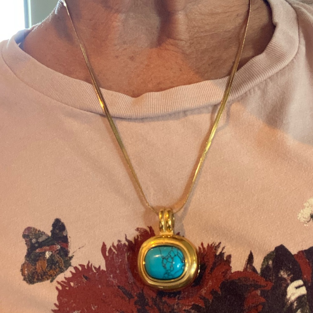 Gold Pendant Necklace with Blue Turquoise Stone Like 9”